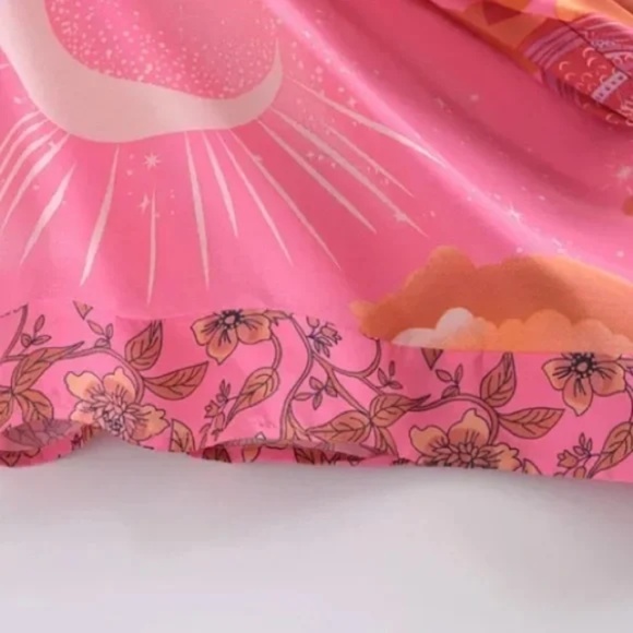 Fuchsia Pink Cosmic Galaxy Moon Boho Short Kimono Coverup Robe - Picture 9 of 9